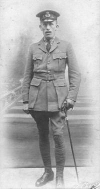 Lieutenant William Rennie wearing the uniform of an RAF Officer in 1918. The khaki uniform is the first RAF service dress uniform prior to the blue issue. His rank is Second Lieutenant, indicated by the single bar on each side of his cap badge (worn by Second Lieutenants and Lieutenants) and the gold eagle on his jacket lower sleeve - gold lace bands around the cuff to indicate rank started with Lieutenant. He has a Long Service Good Conduct bar above his left pocket.

