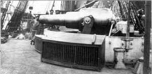 The aft battery on H.M.S. Temeraire. An 11-inch R.M.L. on a Moncrieff H.P. Mounting