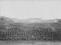 Officers and men of the RGA at Fort Nelson circa 1912: The steps on the expense magazine leading up to the Battery Commander's map table can clearly be seen in the background left of the picture together with the 64pr RML gun emplacements on the terreplein of the right face of the fort. (Photo appears with the kind permission of Nick Bennett)