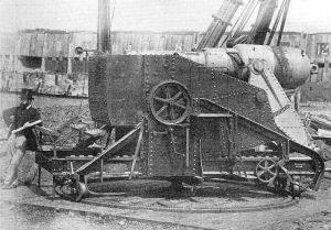The test mounting Pattern I for 7-inch RML presumably at Woolwich 1868, with Moncrieff posing?